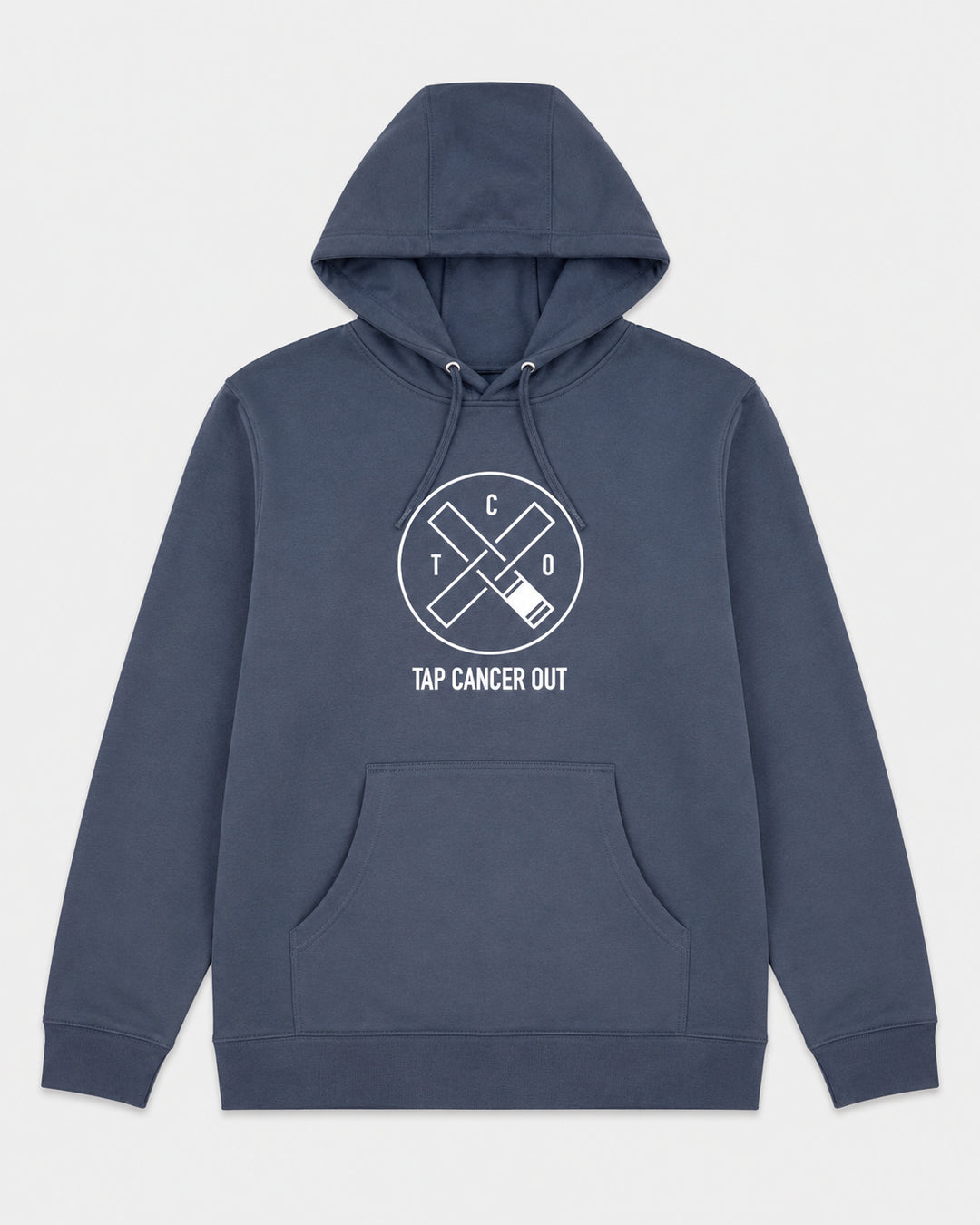A storm blue pullover hoodie with a white graphic on the chest reading 'TAP CANCER OUT' inside a circle with crossed belts