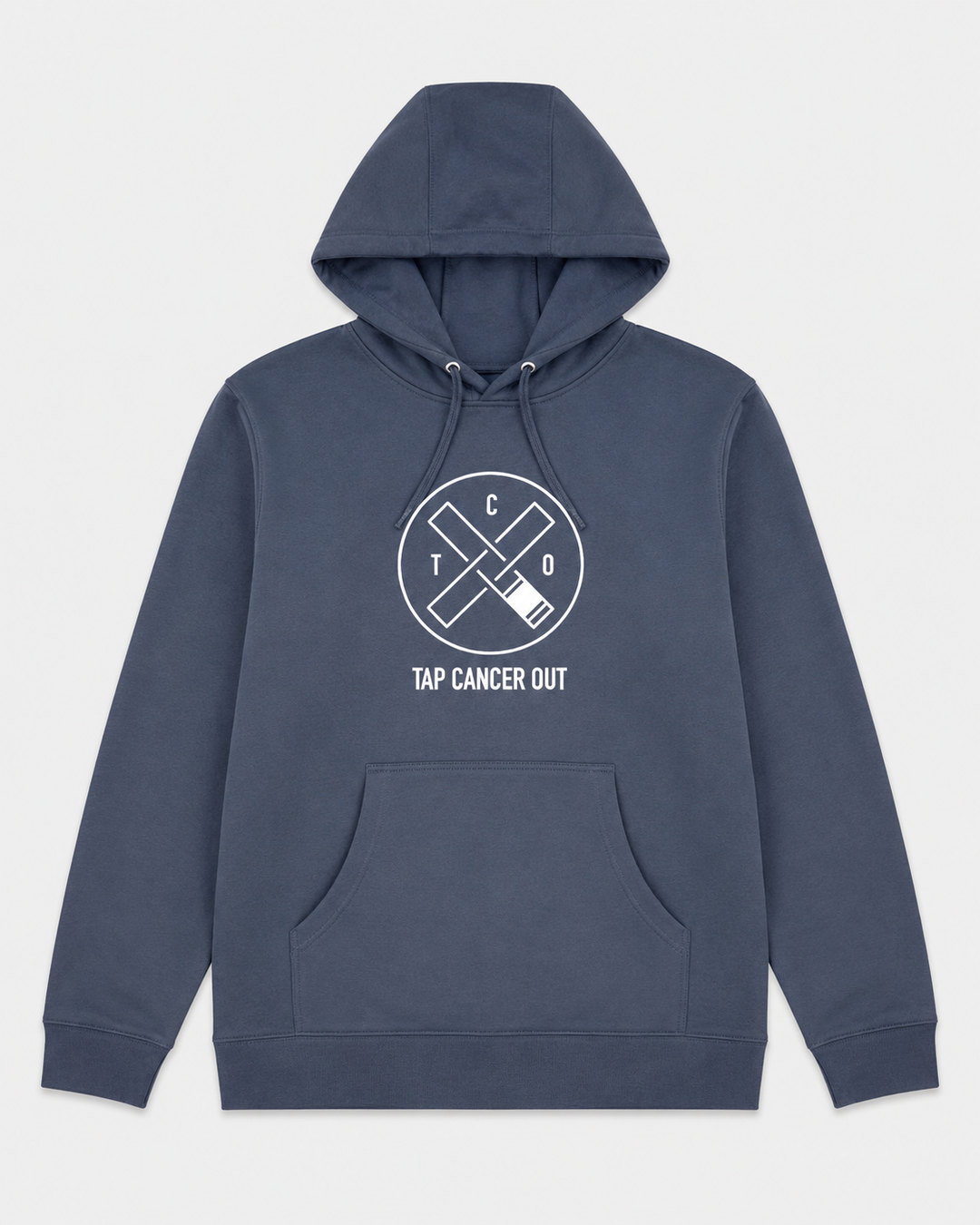 A storm blue pullover hoodie with a white graphic on the chest reading 'TAP CANCER OUT' inside a circle with crossed belts