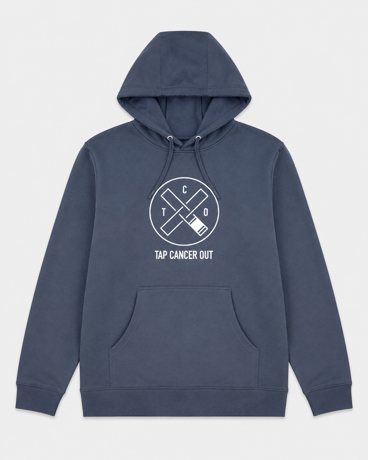 A storm blue pullover hoodie with a white graphic on the chest reading 'TAP CANCER OUT' inside a circle with crossed belts