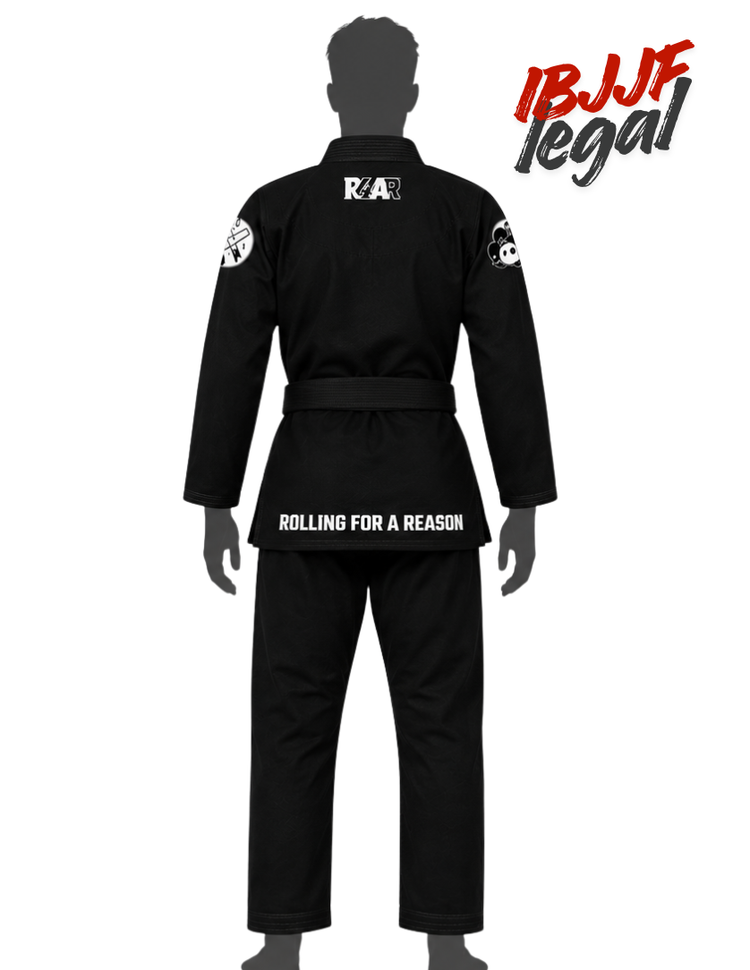 Black Brazilian Jiu-Jitsu gi shown from the back on a mannequin, featuring white text on the back collar reading 'KAR', 'ROLLING FOR A REASON' on the waist, and IBJJF legal branding in the top right corner.