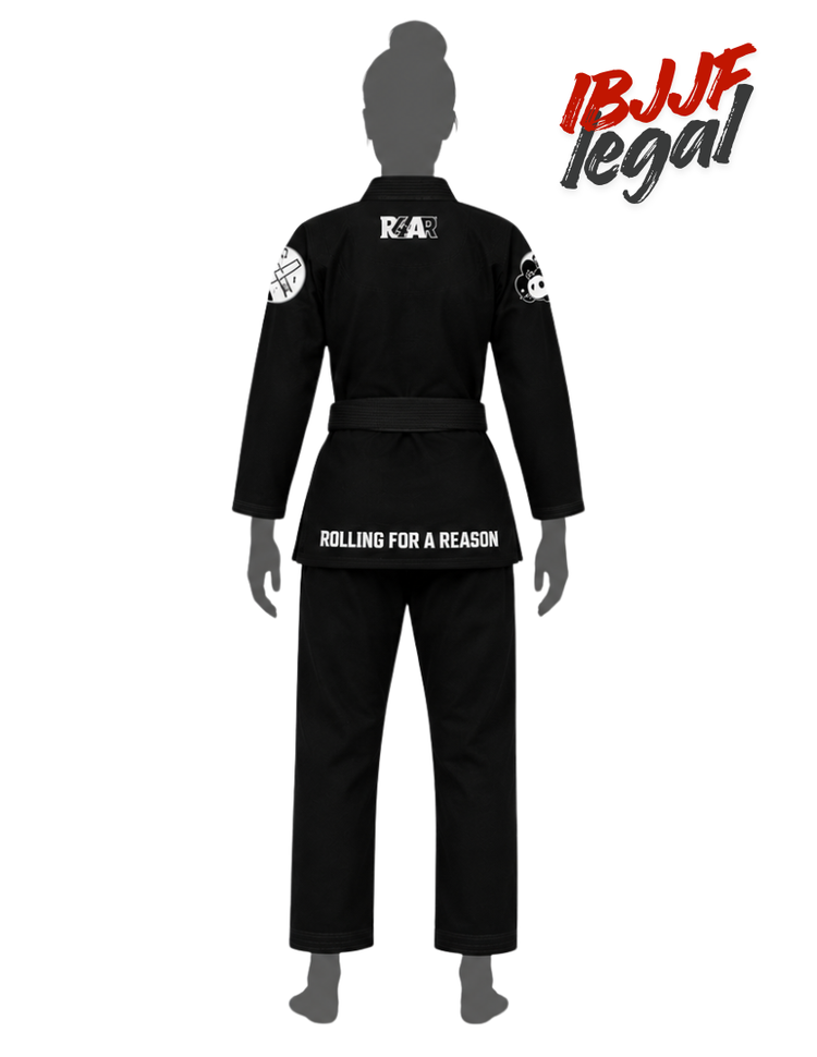 Black Brazilian Jiu-Jitsu gi shown from the back on a gray mannequin, featuring white text reading 'RAR' on the neck, 'ROLLING FOR A REASON' on the lower back, and IBJJF Legal branding in the top right corner.