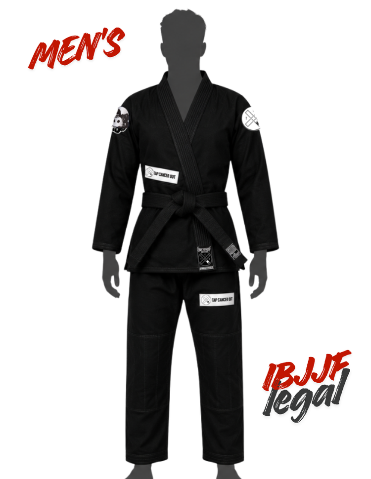 A black men's Brazilian Jiu-Jitsu gi uniform displayed on a gray mannequin silhouette against a white background, with red and black text overlays reading 'MEN'S' and 'IBJJF legal'. The gi includes a black belt, sleeve patches, and a white chest patch.