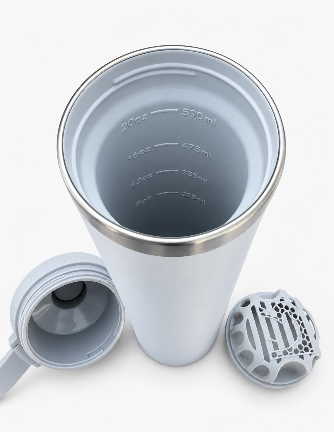 A light gray insulated travel tumbler with a stainless steel rim, shown open with the lid and separate inner cup placed beside it on a clean white background. Measurement markings are visible inside the tumbler.